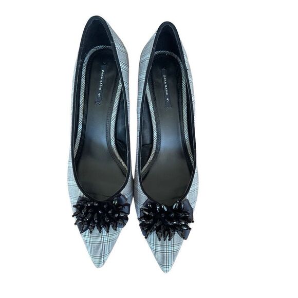 Zara Womens Beaded Flower Plaid Slip On Pointed Toe Kitten Heel Pump Size 41 - Picture 7 of 9